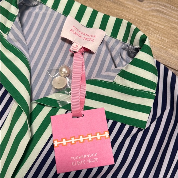 Ladies Tuckernuck Atlantic Pacific Green and Blue Striped Button Down Shirt - Picture 2 of 6